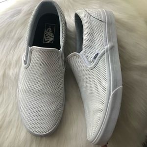 Perforated white leather vans slip ons size 10